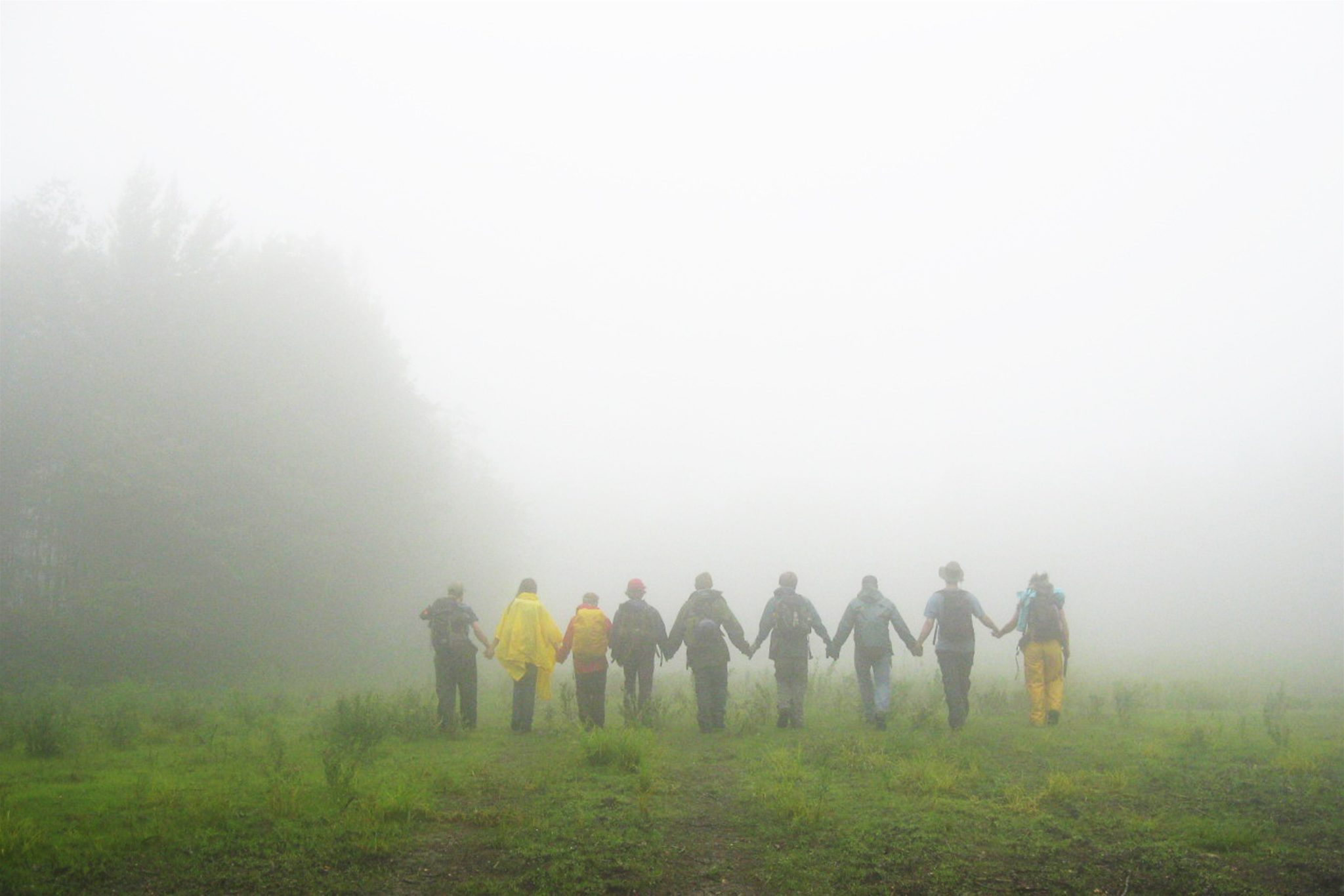 BC People, Whole Backcountry Crew walking into mist