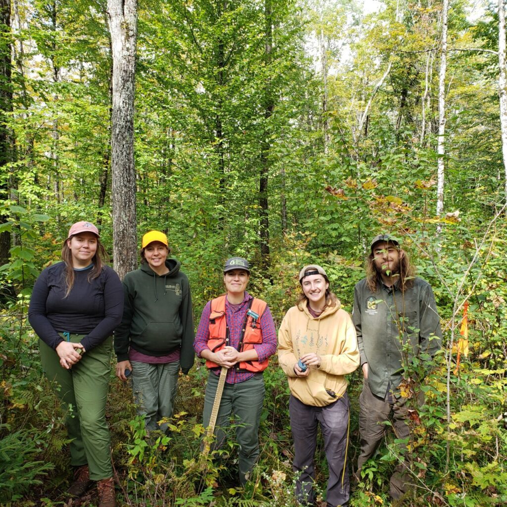 A professional forester in a bright working vest stands in the forest with four smiling NorthWoods staff members and interns.