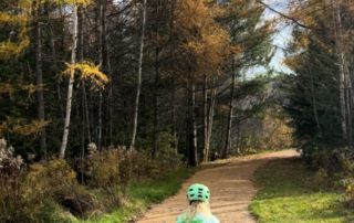 Child in green shirt and helmet rolling down the APT path under bright yellow tamaracks.